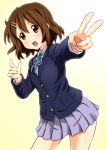  brown_eyes brown_hair diesel-turbo foreshortening hirasawa_yui k-on! school_uniform short_hair v 