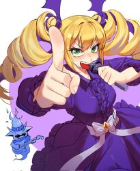 10_09hwan breasts cowboy_shot digimon digimon_card_game digimon_liberator dress drill_hair ghostmon green_eyes highres holding holding_microphone microphone multicolored_hair purple_background purple_dress purple_hair simple_background solo_focus twin_drills twintails two-tone_hair violet_inboots white_background