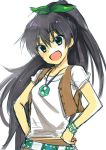  :d belt black_hair collar fang ganaha_hibiki green_eyes hands_on_hips hijikini idolmaster jewelry long_hair necklace open_mouth ponytail shirt simple_background sketch smile solo white_background 