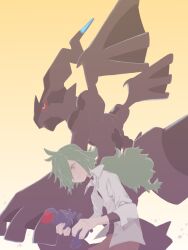  1boy black_undershirt closed_mouth collared_shirt dragon green_eyes green_hair hair_between_eyes hair_over_one_eye highres holding holding_pokemon long_hair monomo_monomos n_(pokemon) pants pokemon pokemon_(creature) pokemon_bw ponytail shirt simple_background undershirt white_shirt zekrom zorua 