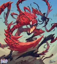  1boy animal_print artist_name carnage_(marvel) claws evil_grin evil_smile fingernails grin highres hook hook_hand living_clothes logo male_focus marvel marvel_snap monster_boy muscular muscular_male nicola_saviori official_art parasite rock sharp_fingernails sharp_tail sharp_teeth sharp_toenails signature simple_background slime_boy smile solo spider-man_(series) spider_print spider_web_print standing standing_on_rock symbiote teeth tendrils_from_back tentacles toenails white_eyes 