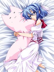  :3 =_= bare_shoulders barefoot blue_hair dakimakura_(object) half_updo hemogurobin_a1c highres lying mai_(touhou) on_side pillow pillow_hug purple_eyes short_hair smile solo touhou touhou_(pc-98) violet_eyes witch 