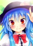  blue_hair blush bow food fruit hat hat_tip hinanawi_tenshi leaf long_hair peach red_eyes saki_chisuzu smile solo touhou 