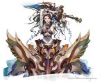  1girl brown_hair dragon_crusade_ii dress gloves harunoichi huge_weapon jacket long_hair looking_at_viewer official_art solo sword weapon white_background 