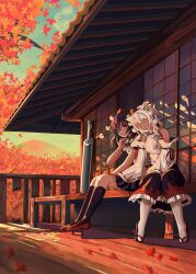  2girls absurdres animal_ears autumn_leaves black_bow black_bowtie black_hair black_skirt black_socks bow bowtie branch broken chinese_commentary closed_eyes colored_eyelashes commentary_request frilled_skirt frills geta hand_on_another's_leg hand_up hat highres huge_weapon inubashiri_momiji leaf leaf_print liefeng_dm maple_leaf medium_hair mountainous_horizon multiple_girls pleated_skirt pom_pom_(clothes) railing red_eyes red_hat red_shoes shameimaru_aya shirt shoes shouji sitting skirt sliding_doors smile socks sword tengu-geta tokin_hat touhou veranda weapon white_eyelashes white_hair white_shirt white_socks wolf_ears wolf_girl wooden_floor 