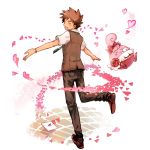 bow brown_hair closed_eyes eyes_closed flower happiny heart hiyo leg_up letter male necktie open_mouth outstretched_arms pants pearl pokemon pokemon_(anime) takeshi_(pokemon) vest watch wristwatch 