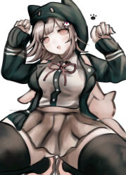  1girl animal_bag blush breasts brown_hair brown_skirt cat_bag collared_shirt danganronpa_(series) danganronpa_2:_goodbye_despair flipped_hair galaga hair_ornament hands_up hood ikemen'na_ore-shi jacket large_breasts long_sleeves looking_at_viewer medium_hair nanami_chiaki neck_ribbon open_clothes open_jacket paw_pose pink_bag pink_eyes pink_ribbon pleated_skirt ribbon shirt skirt solo spaceship_hair_ornament squatting thigh-highs two-tone_shirt white_shirt 