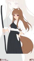  1girl absurdres alternate_costume animal_ear_fluff animal_ears black_hakama blush bow_(weapon) brown_hair closed_mouth hakama hand_on_own_hip highres holding holding_bow_(weapon) holding_weapon holo japanese_clothes kimono likunea looking_at_viewer red_eyes solo spice_and_wolf tail weapon white_kimono wolf_ears wolf_girl wolf_tail zoom_layer 