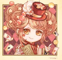  1girl accordion ace_(playing_card) ace_of_hearts ace_of_spades argyle_background bare_shoulders beads border brown_eyes brown_hair card chibi chinese_commentary circus_night_(miracle_nikki) closed_mouth commentary detached_sleeves double_bun eyelashes facial_tattoo floating_card frilled_sleeves frills hair_beads hair_bobbles hair_bun hair_ornament happy hat hat_feather heart highres instrument lan_sing lipstick looking_at_viewer makeup mini_hat mini_top_hat miracle_nikki music nikki_(series) outside_border pink_lips playing_card playing_instrument puffy_short_sleeves puffy_sleeves red_background red_hat red_shirt shirt short_hair short_sleeves signature sleeveless sleeveless_shirt smile snapping_fingers solo spade_(shape) star_(symbol) star_hair_ornament star_print star_tattoo tattoo top_hat turtleneck turtleneck_shirt upper_body vertical-striped_sleeves white_sleeves yellow_border 
