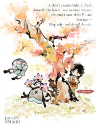  1girl :o artist_request autumn_leaves black_hair bow bow-shaped_hair brown_eyes child chinese_clothes commentary copyright_name double_bun earrings english_commentary english_text esseling_(infinity_nikki) food-themed_earrings green_pants hair_bobbles hair_bun hair_ornament hand_on_own_chin highres infinity_nikki jewelry leaf leaning_to_the_side light_blush light_particles logo long_sleeves looking_at_creature maple_inkbag_(infinity_nikki) medium_hair nikki_(series) official_art open_mouth orange-shaped_earrings painterly pants parted_bangs red_bow red_sash sash scared second-party_source solo standing tree waist_bow waist_sash wandering_pouch_(infinity_nikki) white_background yu_xiaoman 