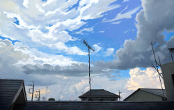 blue_sky building cloud_focus clouds cloudy_sky highres karasu_(hageabura-jr) no_humans original outdoors power_lines radio_antenna rooftop scenery sky sky_focus utility_pole 