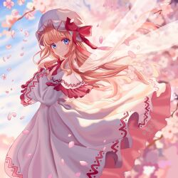  1girl absurdres blonde_hair blue_eyes blue_sky blurry blurry_background bow bowtie capelet cherry_blossoms clouds dated dress fairy fairy_wings falling_petals feet_out_of_frame frilled_capelet frills from_side hat hat_bow highres liefeng_dm lily_white long_hair long_sleeves looking_back petals pink_petals red_bow red_bowtie signature sky solo touhou white_capelet white_dress white_hat wings 