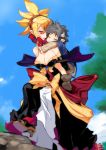  1girl blonde_hair boots breasts cleavage closed_eyes disgaea dress eyes_closed grey_hair horns jc large_breasts makai_senki_disgaea_2 piggyback pointy_ears red_eyes rozalin short_hair taro_(disgaea) 