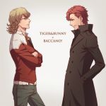  baccano! barnaby_brooks_jr belt blonde_hair claire_stanfield crossed_arms crossover eye_contact glasses green_eyes jacket looking_at_another lunarclinic morita_masakazu multiple_boys red_eyes red_hair red_jacket redhead seiyuu_connection short_hair tiger_&amp;_bunny title_drop trench_coat 