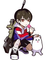 1boy anime_coloring ankle_socks black_eyes black_shoes black_shorts black_sleeve_cuffs blue_sleeves brown_eyes brown_hair candy closed_mouth colored_inner_animal_ears converse cowlick crazy_raccoon facing_viewer food full_body gun hand_on_another&#039;s_head holding holding_candy holding_food holding_lollipop hood hood_down hoodie jacket leg_tattoo legs_apart lollipop male_focus multicolored_jacket no_nose official_art open_clothes open_jacket parted_lips petting puppeteer7777 purple_jacket purple_sleeves red_jacket rifle scope second-party_source shoes shorts shu_(crazy_racoon) skull_tattoo sleeve_cuffs sniper_rifle socks spider_tattoo squatting tachi-e tattoo teeth thick_lineart tongue tongue_out transparent_background two-tone_jacket two-tone_sleeves weapon white_dog white_fur white_hood white_hoodie white_socks 