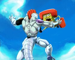  2boys attack blue_sky bodko_(comradebodko) chop crossover cyborg death dragon_ball dragon_ball_(classic) dragon_ball_z frieza male_focus meme multiple_boys nickelodeon sky spongebob_squarepants spongebob_squarepants_(series) tail toon_(style) 