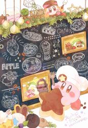  anniversary apron bag blush burger cafe candy chalkboard_sign chef_hat coffee_beans commentary_request drink english_text food fork hanging_light hat highres holding holding_fork invincible_candy kirby kirby_(series) kirby_cafe lollipop onigiri stern_(stern_dream) swirl_lollipop waddle_dee 