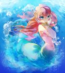  1girl aqua_background blue_eyes bracelet bubble colored_eyelashes corsola frills hair_ornament hand_on_own_face intrinsical jewelry kasumi_(pokemon) long_hair luvdisc marill mermaid monster_girl orange_hair pokemon pokemon_(creature) pout shell shell_bikini underwater 