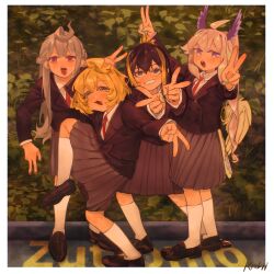  4girls :3 :o ahoge aqua_eyes aqua_nails artist_name bird_tail black_hair blonde_hair blue_eyes blush double_v enna_alouette folded_ponytail grey_hair grin head_wings high_school_girls_posing_for_google_street_view_(meme) highres kneehighs loafers long_hair looking_at_viewer low_wings medium_hair meme millie_parfait multiple_girls necktie nijisanji nijisanji_en open_mouth petra_gurin purple_nails red_eyes red_necktie reimu_endou school_uniform shoes shrimpbimbab signature smile socks tail v violet_eyes virtual_youtuber wings zuttomo_(nijisanji) 