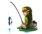  blonde_hair boy bucket crossover fishing fishing_rod hood indian_style leaf lily_pad link pikmin pikmin_(creature) sakura3914 sitting the_legend_of_zelda water wet 