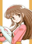  breasts brown_eyes brown_hair dress female gloves hairband helmet long_hair lowres mazinger_z shijoh shijou_yukimasa smile solo yumi_sayaka 