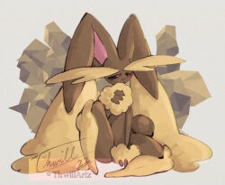  1girl animal_ears animal_nose artist_name between_legs black_sclera body_fur brown_fur colored_sclera commentary dated english_commentary full_body furry furry_female half-closed_eyes hand_between_legs hand_up knee_up long_animal_ears looking_to_the_side lopunny pokemon pokemon_(creature) rabbit_ears rabbit_girl rabbit_tail red_eyes short_tail signature sitting solo spread_legs tail thwillartz twitter_username two-tone_fur yellow_fur 