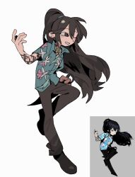  1boy arm_tattoo bakori514_(h_akka) black_eyes black_hair black_pants black_shoes blue_shirt collared_shirt dagger full_body hawaiian_shirt high_ponytail highres holding holding_dagger holding_knife holding_weapon hong_lu_(project_moon) jewelry knife limbus_company long_hair looking_to_the_side male_focus neck_tattoo necklace one_eye_closed open_mouth pants ponytail project_moon reference_inset shirt shoes short_sleeves simple_background solo standing tattoo tingtang_gang_(identity)_(project_moon) very_long_hair weapon white_background 