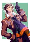  alvin_(tales_of_xillia) bad_id black_gloves brown_hair coat cravat gloves green_background grin hand_on_hip hips male neck red_eyes smile solo tales_of_(series) tales_of_xillia v watame_(koma_wan) 