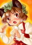  animal_ears arm_up bowtie brown_hair bust cat_ears chen fang gradient gradient_background hat high_collar highres long_sleeves looking_at_viewer miina open_mouth orange_background red_eyes shirt short_hair skirt solo touhou vest 