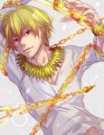  blonde_hair bracelet casual chain chains fate/zero fate_(series) gilgamesh jewelry male necklace red_eyes short_hair solo v-neck white_background zino 