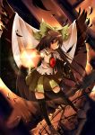  arm_cannon baisi_shaonian black_hair black_legwear black_wings cape feathers haraguroi_you large_wings long_hair red_eyes reiuji_utsuho smile solo thigh-highs thighhighs third_eye touhou weapon wings 