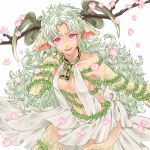  animal_ears bad_id bell branch breasts cleavage detached_sleeves eyebrows green_hair horns ichinose777 long_hair messy_hair monster_girl original red_eyes robe sheep_girl solo thigh-highs thighhighs vines 