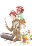  child hair_ornament mirror pillow red_hair redhead siblings simple_background sitting twintails umineko_no_naku_koro_ni ushiromiya_ange ushiromiya_battler 