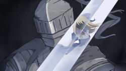  1boy 1girl alice_(black_souls) apron armor black_background black_cape black_liquid black_ribbon black_souls black_souls_2 blonde_hair blue_bow blue_collar blue_dress bow cape chinese_commentary collar commentary_request covered_face dress facing_viewer film_grain floating_clothes floating_hair frilled_apron frills full_armor grimm_(black_souls) hair_bow helm helmet highres hole_in_face knight long_hair neck_ribbon plume puffy_short_sleeves puffy_sleeves reflection reflective_weapon ribbon short_sleeves sidelocks spoilers sword upper_body visor_(armor) weapon white_apron wing_collar zi_cha_mo_xue 