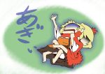  aki_minoriko aki_shizuha apron asphyxiation blonde_hair bloomers breasts choke choke_hold leaf leaf_on_head leg_lock lying multiple_girls no_eyes on_back pun short_hair siblings sisters strangling struggling touhou trembling turn_pale zannen_na_hito 