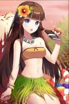  bangle bangs bare_shoulders blue_eyes blunt_bangs bracelet brown_hair candy candy_cane chocolate chocolate_bar collarbone cygnus eating flower gilse grass_skirt hair_flower hair_ornament holding icing jelly_bean jewelry long_hair midriff nail_polish necklace open_mouth sitting solo sword_girls tubetop 