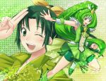  bike_shorts bow cure_march dress dual_persona green green_eyes green_hair hair_bow long_hair magical_girl midorikawa_nao outstretched_arm peeta ponytail precure projected_inset shorts_under_skirt skirt smile smile_precure! tiara tri_tails two-finger_salute wink wrist_cuffs 