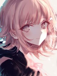  1girl closed_mouth commentary danganronpa_(series) danganronpa_2:_goodbye_despair english_commentary eyelashes galaga highres looking_at_viewer medium_hair nanami_chiaki portrait smile solo spaceship_hair_ornament textless_version user_jeex4823 