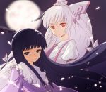  bow capelet cloud fujiwara_no_mokou full_moon hair_bow hair_ribbon hime_cut houraisan_kaguya long_hair miyo_(ranthath) moon multiple_girls necktie night petals purple_eyes purple_hair red_eyes ribbon shirt silver_hair sky smile suspenders touhou violet_eyes 