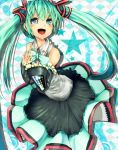  aqua_hair bare_shoulders blue_eyes bowtie detached_sleeves frills hatsune_miku looking_at_viewer open_mouth opta smile solo vocaloid 