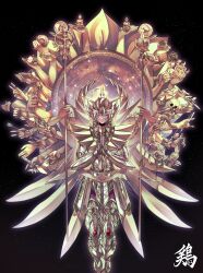  1boy absurdres arm_armor armor artist_name axe blonde_hair buddhist_nun closed_eyes commentary_request extra_arms flower full_armor gem gold_armor helmet highres kei_(nvew8238) lotus praying rose saint_seiya shakujou shoulder_armor staff virgo_shaka wings 