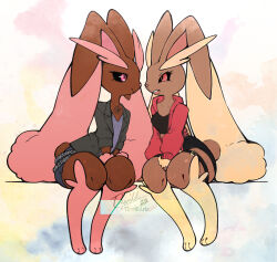  2girls alternate_color animal_ears animal_feet animal_nose artist_name barefoot black_jacket black_sclera black_shirt black_shorts blue_shirt blue_shorts body_fur breasts brown_fur closed_mouth clothed_pokemon collarbone colored_sclera commentary crop_top dated english_commentary feet flat_chest full_body furry furry_female happy highres hood hood_down hooded_jacket jacket jewelry long_animal_ears long_sleeves lopunny multiple_girls necklace open_clothes open_jacket open_mouth pink_eyes pink_fur pokemon pokemon_(creature) rabbit_ears rabbit_girl rabbit_tail red_eyes red_jacket shiny_and_normal shiny_pokemon shirt short_shorts short_tail shorts signature sitting small_breasts smile tail teeth thigh_strap thwillartz twitter_username two-tone_fur wallet_chain yellow_fur 