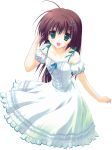 :d absurdres artist_request brown_hair copyright_request dress green_eyes hair_ornament hairclip highres off_shoulder open_mouth ryouka_(suzuya) smile 