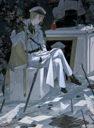  2boys age_difference aged_down aiguillette alkaid_mcgrath alkaid_mcgrath_(infinite_empire) apple apple_tree belt bird black_belt black_cape black_gloves black_shirt black_shoes black_shorts blonde_hair blood buttons cape chinese_commentary closed_mouth coat collared_shirt crack crossed_legs double-breasted dual_persona flood food fruit full_body gloves green_eyes hair_between_eyes hand_up hat head_out_of_frame heroine_(lovebrush_chronicles) highres lapel_pin lapels light_smile long_sleeves looking_at_viewer lovebrush_chronicles male_focus medium_hair military_hat military_uniform multiple_boys necktie notched_lapels pants paper paper_boat partially_immersed peaked_cap pedestal picture_frame portrait_(object) puffy_long_sleeves puffy_sleeves sam_browne_belt shirt shoes shorts side_cape simian_(13524987jepsen) soaking_feet solo solo_focus sword tree two-sided_cape two-sided_fabric water watermark weapon weibo_watermark white_coat white_pants white_shirt yellow_cape yellow_necktie 