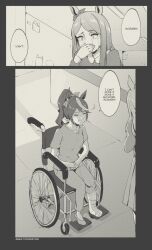  2girls animal_ears bow broken_bone cast closed_eyes crying ear_bow ear_ornament greyscale hair_between_eyes high_ponytail highres horse_ears horse_girl hospital long_hair long_sleeves madagascar_(series) mejiro_mcqueen_(umamusume) monochrome multicolored_hair multiple_girls open_mouth pants ponytail shirt short_sleeves smile streaked_hair streaming_tears tears tokai_teio_(umamusume) two-tone_hair tyrone umamusume wheelchair 