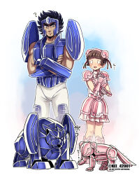  1boy 1girl arm_armor armor armored_dress artist_name bear bear_geki black_hair blue_armor brown_eyes brown_hair commentary_request dress fake_horns full_armor highres horns kei_(nvew8238) leg_armor muscular muscular_male non-humanoid_robot pants robot robot_animal saint_seiya saint_seiya_saintia_sho scared shoulder_armor simple_background ursa_minor_ling_xiaoling white_pants 