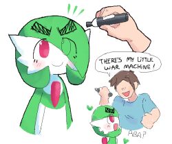  1boy blue_shirt brown_hair colored_skin english_text gardevoir hair_over_one_eye holding holding_marker marker melfunnysmell open_mouth pokemon pokemon_(creature) red_eyes shirt short_hair simple_background smile speech_bubble upper_body white_background 