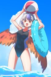  1girl :d arms_up ball beachball black_one-piece_swimsuit blue_sky blue_streaks breasts clouds competition_swimsuit feathered_wings feet_out_of_frame grey_hair highres holding holding_ball holding_swim_ring innertube kahayu4 light_blush medium_breasts multicolored_hair ocean one-piece_swimsuit orange_eyes orange_wings short_hair sky small_horns smile solo streaked_hair swim_ring swimsuit thighs tokiko_(touhou) touhou wading water wings 