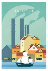  absurdres border chimney dock dredge_(video_game) english_text factory highres house landscape no_humans non-web_source ocean official_art outdoors pirate_ship place_name scenery shore smoke unused_tire village water white_border 