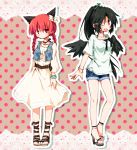  alternate_costume alternate_hairstyle animal_ears bell black_hair black_wings bow braid cat_ears contemporary fang hair_bow high_heels hime_takeo jingle_bell kaenbyou_rin long_hair multiple_girls open_mouth open_shoes red_eyes red_hair redhead reiuji_utsuho shoes shorts touhou twin_braids vest wings wink 